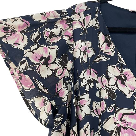 Andree by Unit Short Flutter Sleeve Floral Dress Navy Pink Womens 2X - Picture 2 of 6
